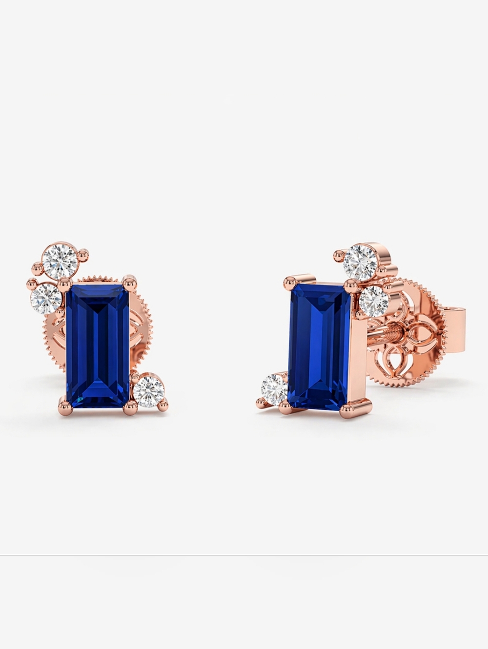 Genuine Sapphire And Diamond Stud 14k Rose Gold Earrings